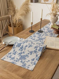1片復古藍玫瑰印花矩形桌旗,鄉村風格桌布,適用於農舍,書房,茶幾等家居裝飾用品