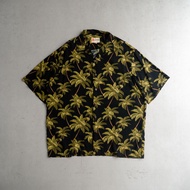 < White Wood 11 > HILO HATTIE HAWAIIAN ALOHA SHIRT Made In Hawaii Black Palm Tree Leiying Short Slee