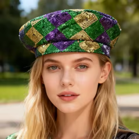 HongLuan Green Glitter Mardi Gras Costume Hat Adult,Beanie Cap & Beret for Women, Cosplay Female Acc