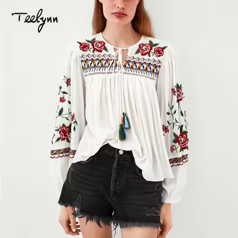 Boho Beach Blouse Women Tops White Cotton Rayon Floral Embroidered Puff Long Sleeve O-neck Loose Cas