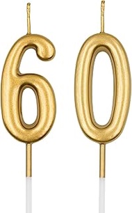 60th Birthday Candles, Champagne Gold Number 60 Candle for Cake, Happy Birthday Cake Topper Decorati