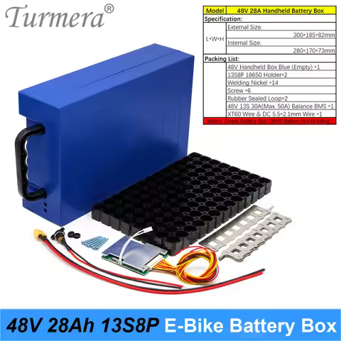 Turmera 48V E-Bike Battery Box Case 13S 30A 50A Balance BMS with 13S8P 18650 Holder DC XT60 Plug Wel