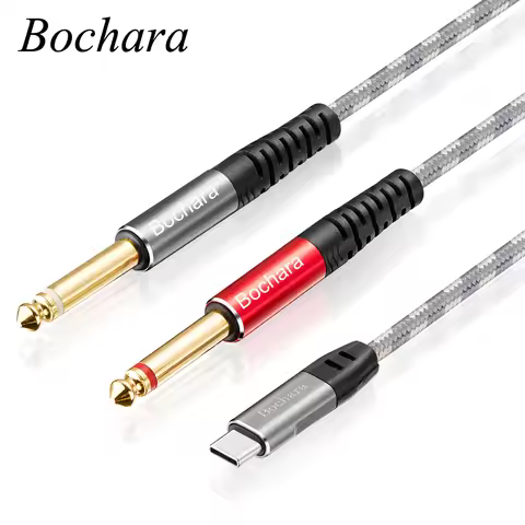 Bochara Braided Type C to Dual 6.35mm Jack OFC Audio Output Cable Built-in DAC IC Chipset 24bit@48KH