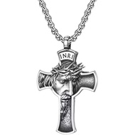 NIGHTCRUZ INRI Jesus Christ Necklace, Cross Pendant Necklace with Crown of Thorns Jesus
