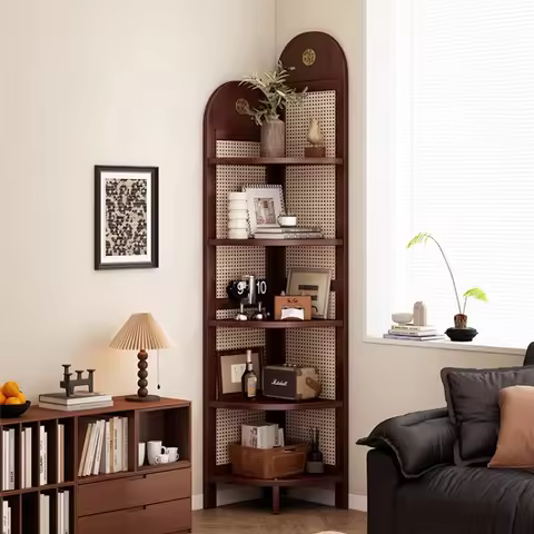 Retro Rattan Woven Decorative Shelf L-shaped Design Solid Wood Corner Cabinet for Living Room, Study