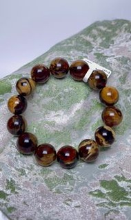 《無瑕疵》緬甸棕紅珀底啡黃根溶洞妖花手串 琥珀蜜蠟手串  尺寸：14mm+ 克重：23.39gram