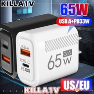 KILLA1V Phone Charger Adapter, Fast Charging EU/US 65W GaN Charger Plug, USB A+C Accessories PD Type