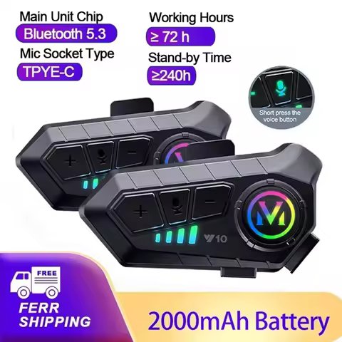 1/2Pcs V10 Motorcycle Intercom Headset Helmet Bluetooth 5.3 For 2 Riders intercommunicator 300M Wate