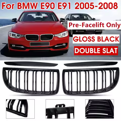 Car Grille Grill Front Kidney Gloss Black Double Slat For BMW E90 E91 Pre-Facelift 2005 2006 2007 20