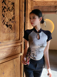 เสื้อยืดแขนสั้นทรงสลิมฟิตสำหรับผู้หญิง Aviva on Earth ทรงเข้ารูปพิมพ์ลายภูเขาและลำธาร สไตล์จีนใหม่ ก