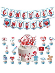 祝賀護士主題派對用品，護理畢業杯子蛋糕插牌橫幅裝飾背景，護士帽心形蛋糕插牌裝飾，用於護理畢業主題派對裝飾，派對主題裝飾。