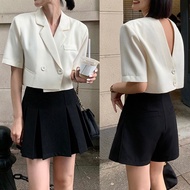 Women Korean Style Chic Back Hollow Out Design Short Blazer Design with Black Shorts