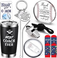 Nitial 6 Pcs Coach Gifts Include 1 Best Coach Ever Tumbler 20 oz 1 Whistle with Lanyard 1 Acrylic Decorative Sign 1 Pair Socks 1 Keychain 1 Card for Coach Gift Ideas Appreciation Gift(Baseball)