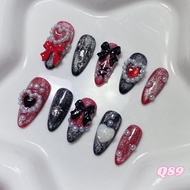 ೀ⋆。 Q89 Red And Black Fake Gel Nails ️