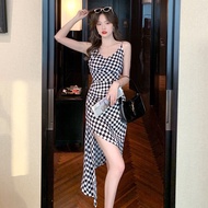 Fast Shipping Spring Summer Women's Korean Version Plaid Sling Slim-fit Slimmer Look Design Feel Niche Irregular Jumpsuit Long Dress