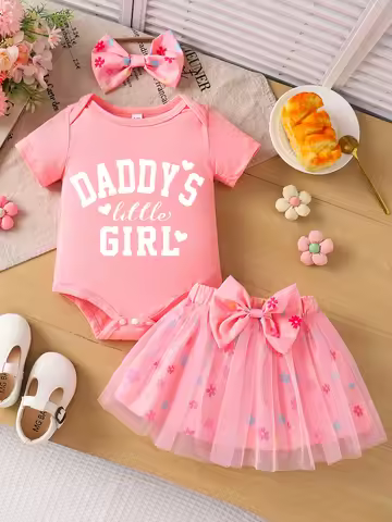Children Eden 0-3yrs old Newborn Baby Daddy's Little Girl Short Sleeve Romper Floral Skirt Headband 