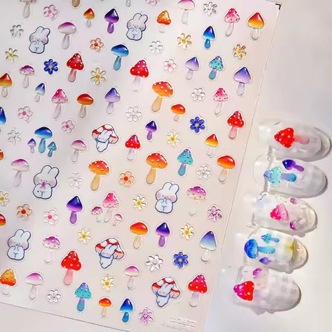 Jelly Colorful Mushroom Rabbit Flower Cartoon Bunny Embossed Relief Self Adhesive Nail Art Decoratio