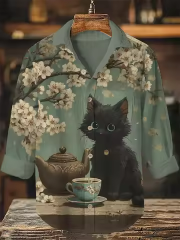 3D printed black cat print, trendy printed men's shirt, comfortable high-quality men's boutique fash