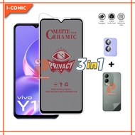 LAYAR Package 3 IN1 Tempered Glass Vivo Y17S Anti-Scratch Screen Spy Privacy Free Tempered Glass Camera And Skin Carbon