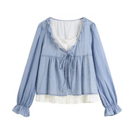 (In Stock) Korean Women's Fashion Retro Loose Long Sleeve Plaid Blouse