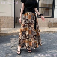 [Vacation Style] Khaki Printed Large Swing Skirt Summer Autumn Bohemian Floral High Waist Slimmer Lo