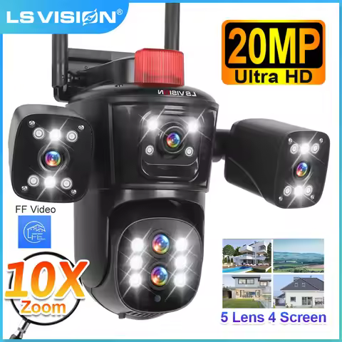 LS VISION 20MP WiFi IP Camera Four Screens 10X Zoom Wireless Outdoor PTZ CCTV Cam Five Lens Smart Tr