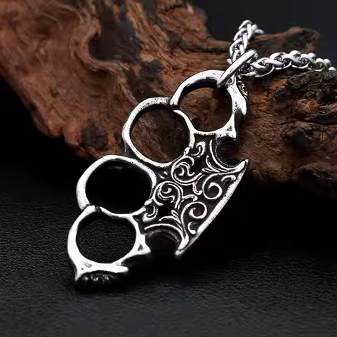 Retro Scroll Pattern Brass Knuckles Four Finger Knuckle Stainless Steel Pendant Necklace Motorcycle 