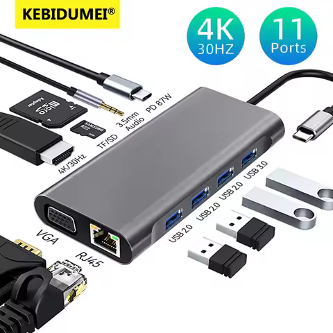 11 Ports USB C HUB Docking Station RJ45 Adapter to HDMI-Compatible 4K VGA SD/TF Card 3.5MM AUX 11-in