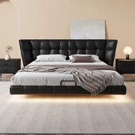 Italian Minimalist Genuine Leather Bed with Light Suspended Bed Owner Bed Light Luxury Double Bed Pr