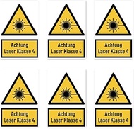 Sticker 75 x 50 mm, Pack of 6 – Warning Laser Class 4 – Warning Sign with Text (German) (Yellow/Blac