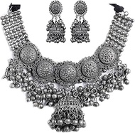 Indian Ethnic Antique Afghani Silver Oxidized Polish Ghungroo Bells Boho Gypsy Tribal Statement Multi Mirror Stone Choker Thread Necklace Earrings Jewelry for Women Girls