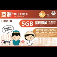 中國聯通 - 8日【亞洲】4G/3G 無限上網卡數據卡Sim咭 (首5GB高速數據)
