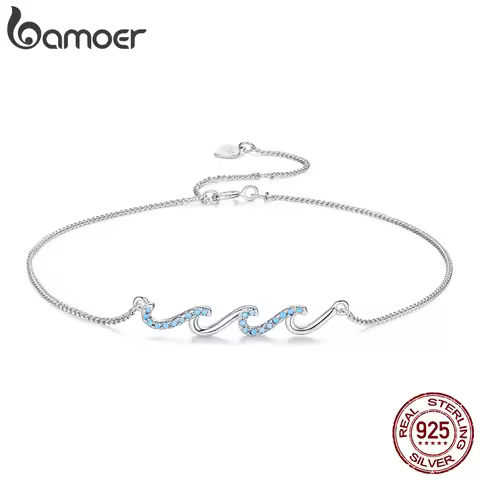 BAMOER 925 Sterling Silver Blue Sea Wave Charm Anklet for Women, Gold Plated Beach Jewelry Trendy Be