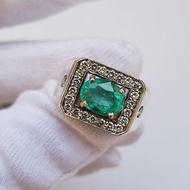 Natural Deep Green Emerald Mens Ring Sterling Silver 925 Emerald Ring For Men