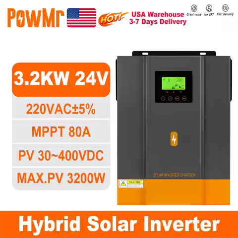PowMr USA Hybrid Solar Inverters 3.2KVA/3KW 24VDC 230VAC for LifePo4 Battery Max PV 400V Build in 80