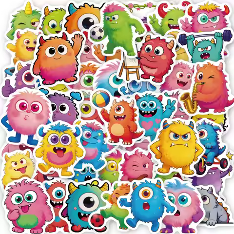 56Pcs Cute Fluffy Furry Monster Stickers Colorful Cartoon Alien Creature Decals for Laptop Water Bot