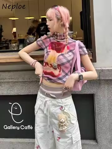 Neploe American Half-high Collar Summer New Print Crop Top Spice Girls Slim Short Women Clothing Cru