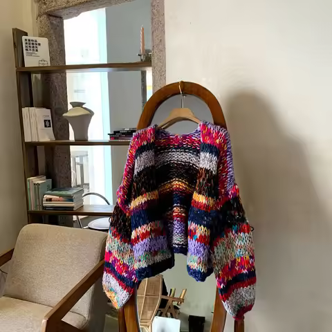 Multi-color Handmade Chunky Knit Cardigan Colorful Oversized Sweater Outfit Boho Chic Cottagecore Kn
