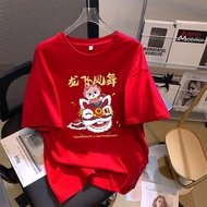 2024 Chinese New Year 100% Cotton Short Sleeve Women Dragon 5XL Tshirt Unisex CNY Woman Tees Loose M