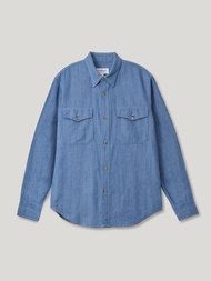 [JBB*] WASHED INDIGO COTTON LINEN DENIM SHIRT  เจบีบี เสื้อเชิ้ต ยีนส์ ลำลอง ผู้ชาย ผ้าคอนตอนธรรมชาต