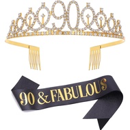 90 & Fabulous Sash & Rhinestone Tiara Set, 90th Birthday Gifts for Women, Black Gold Birthday Sash/T