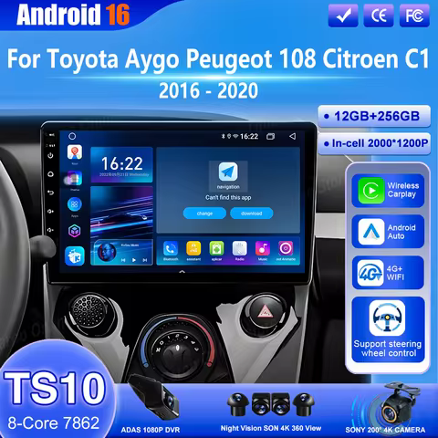 Android 16 Car Radio For Toyota Aygo Peugeot 108 Citroen C1 2016 -2020 Auto Multimedia Player Stereo