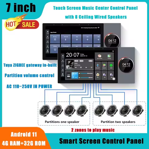2026 New 7 Inch Touch Screen Music Center Control Panel with 8 Ceiling Wired Speakers Built in Backg