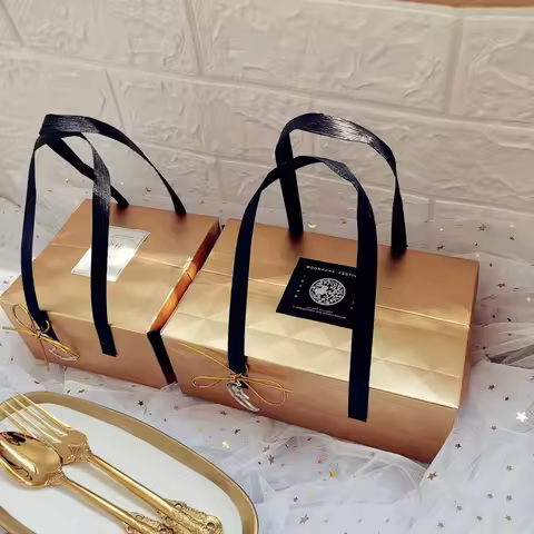 10pcs Gold Gift Boxes Cake Paper Box Packaging Hand Handle Cookie Chocolate Macaroon Wedding Gift Pa