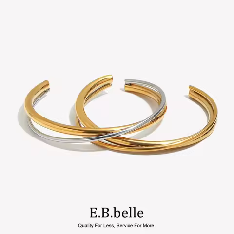 Trendy 2 Tones Cross Double Line Cuff Bangles Bracelets For Woman Stainless Steel 18K Gold Plated Ar