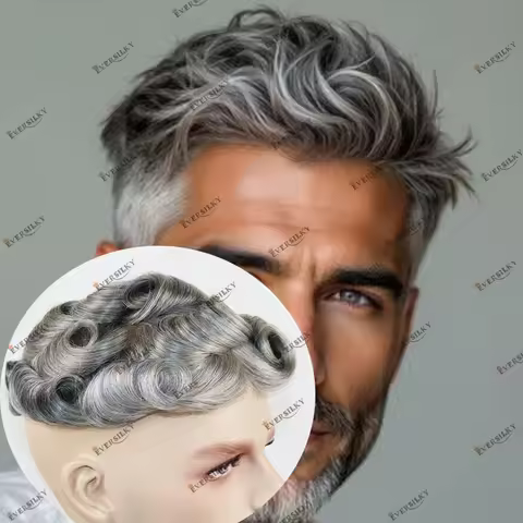 Full PU Skin Base Human Hair Men's Toupee with Grey Hair 1B30 1B50 Undetectable 0.1mm Injected Long 