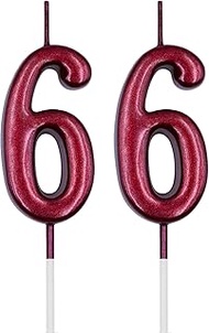 66th Birthday Candles, Red Number 66 6 Candle for Cake, Happy Birthday Cake Topper Decoration for Bi