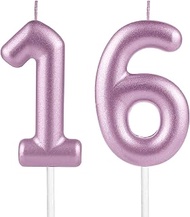 16th Metallic Pink Birthday Candles, Metallic Pink Birthday Number 16 Candle for Cake Topper Decorat