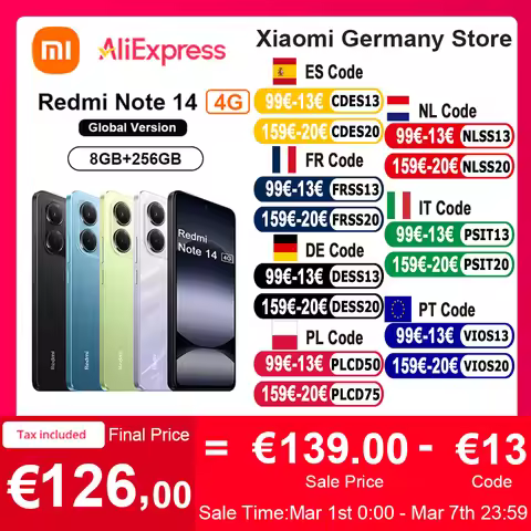 Global Version Xiaomi Redmi Note 14 4G NFC Smartphone MediaTek Helio G99-Ultra 108MP AI Camera 6.67"