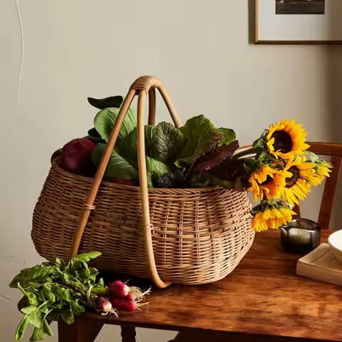 Rattan Picnic Basket, Outdoor Tea Set Storage, Japanese-Style Handwoven Decorative Basket for Picnic